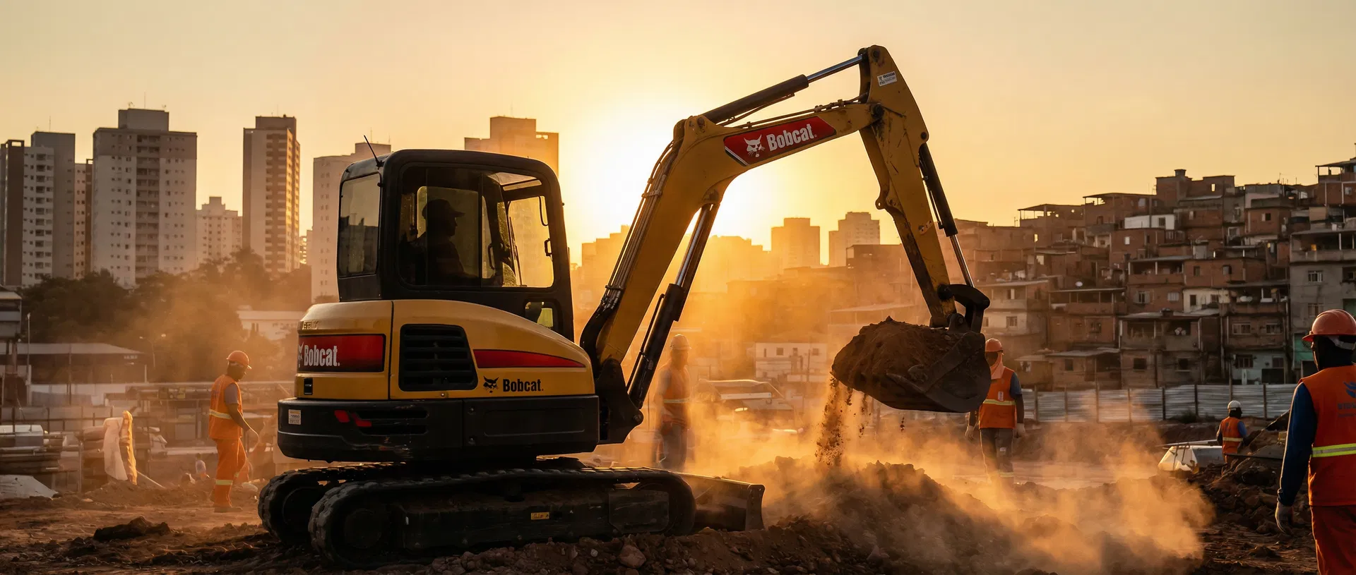 Mini Escavadeira e Mini Carregadeira Bobcat em obra em Curitiba